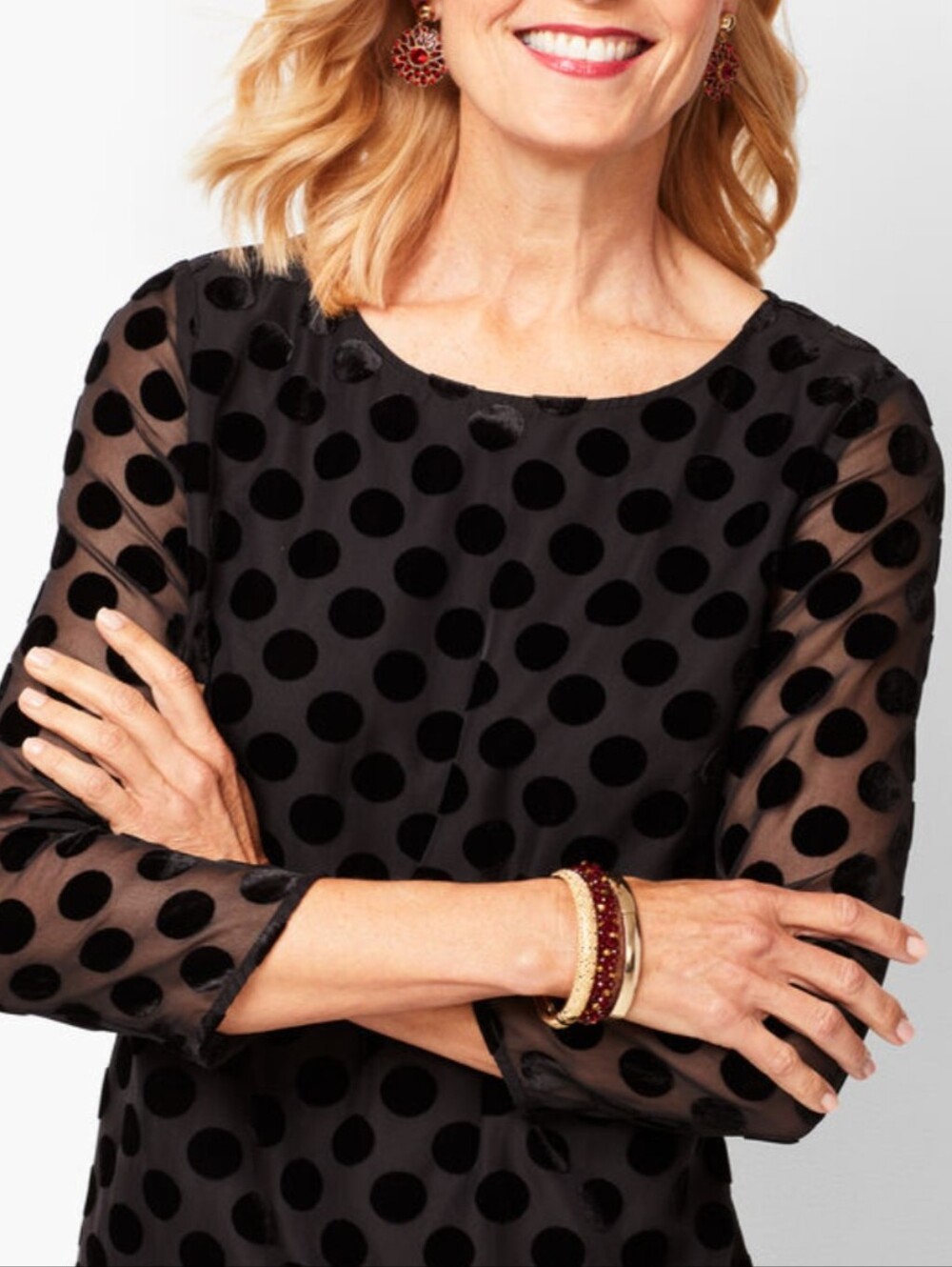 Talbots RSVP Velvet Sheer Burnout Dot Top Black LP
